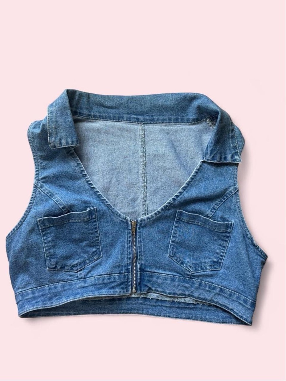 Blue Denim Zip-Front Collared Crop Top